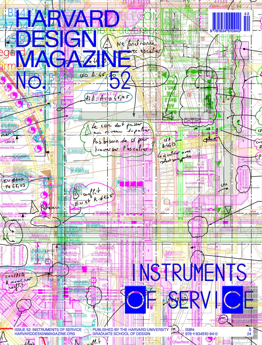 Blue type that says Harvard Design Magazine No 52 Instruments of Service on top of a colorful drawing